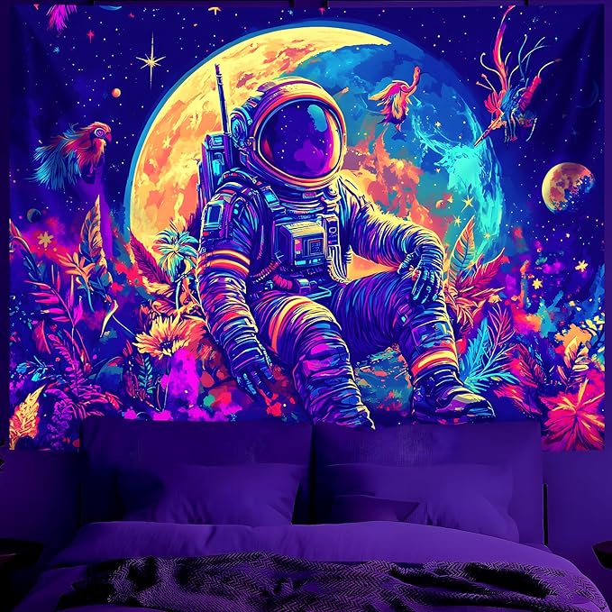 BVBOX Astronaut Space Blacklight Tapestry 79"x59", UV Reactive Astronaut Moon Garden Flower Universe Galaxy Planet Glow in Dark Tapestries, Black Light Neon Upright Poster Wall Hanging Backdrop Decor for Bedroom Living Room-Ruum Studio Home
