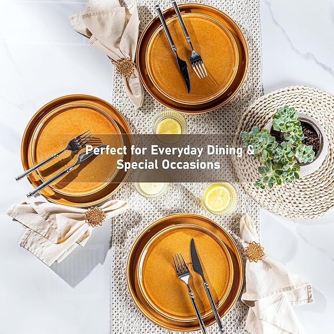 GBHOME Ceramic Dinnerware Sets for 4, 12 Pieces Stoneware Plates and Bowls Sets, Scratch Resistant Dishes, Dishwasher & Microwave Safe, Reactive Glaze-Amber-Ruum Studio Home