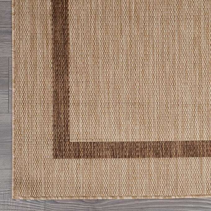 Bordered Outdoor Rug 10x14 Washable Outside Carpet for Indoor Patio Porch Waterproof Easy Cleaning Non Shedding Area Rugs Jute Beige - Nut Brown 10 x 14-Ruum Studio Home