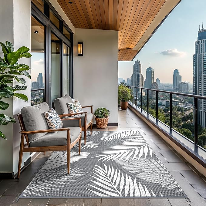 GENIMO Outdoor Rug 4' x 6' Waterproof for Patios Clearance, Reversible Outdoor Plastic Straw Camping Rug Carpet, Large Area Rugs Mats for RV, Camper, Deck, Balcony, Porch, Beach, Picnic, Grey&White-Ruum Studio Home