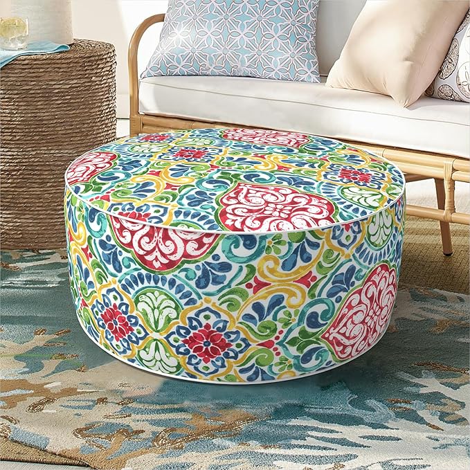 Inflatable Ottoman Stool D21 xH9 for Outdoor/Indoor Use, Water Repellent Patio Foot Rest Stool with Portable Handle,Round Pouf Ottoman Suitable for Garden,Deck and Camping - Damask Red-Ruum Studio Home