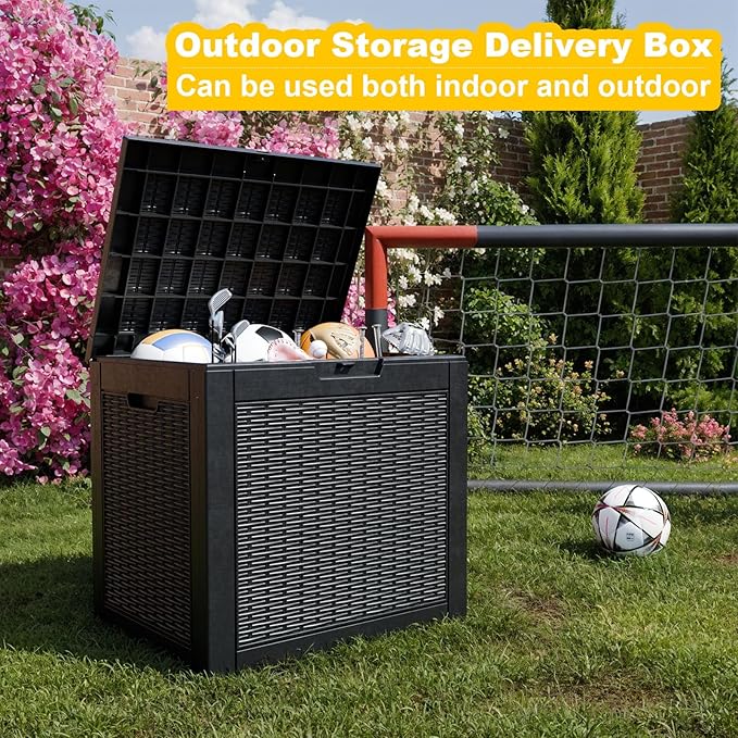 30 Gallon Wicker Pattern Resin Deck Box, Lockable Patio Outdoor Storage Box for Furniture, Garden Tools and Tools Storage, Waterproof Outside Storage Box - Black Rattan-Ruum Studio Home