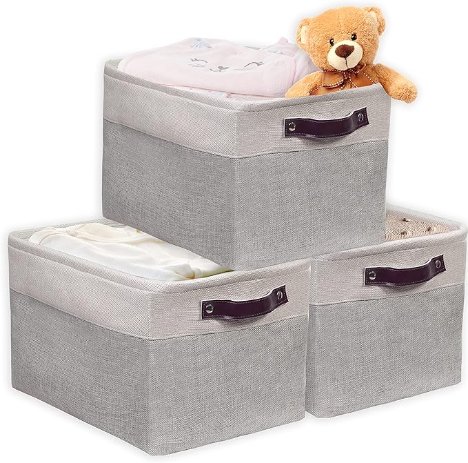 SIMPLE HOUSEWARE Large Fabric Storage Bin, 15" x 11" with Leather Like Handles, 3 Pack, Gray-Ruum Studio Home