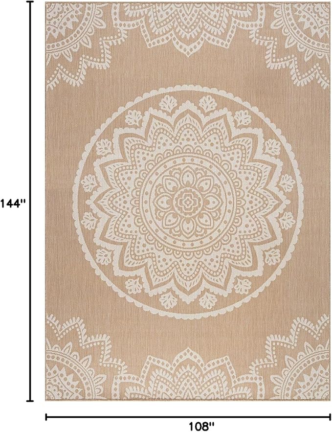 CAMILSON Outdoor Rug 9x12 Modern Area Rugs for Large Indoor and Outdoor Patios and Porches - Waterproof Washable Non-Shedding Easy-to-Clean Outside Carpet (9 x 12, Medallion - Beige/White)-Ruum Studio Home