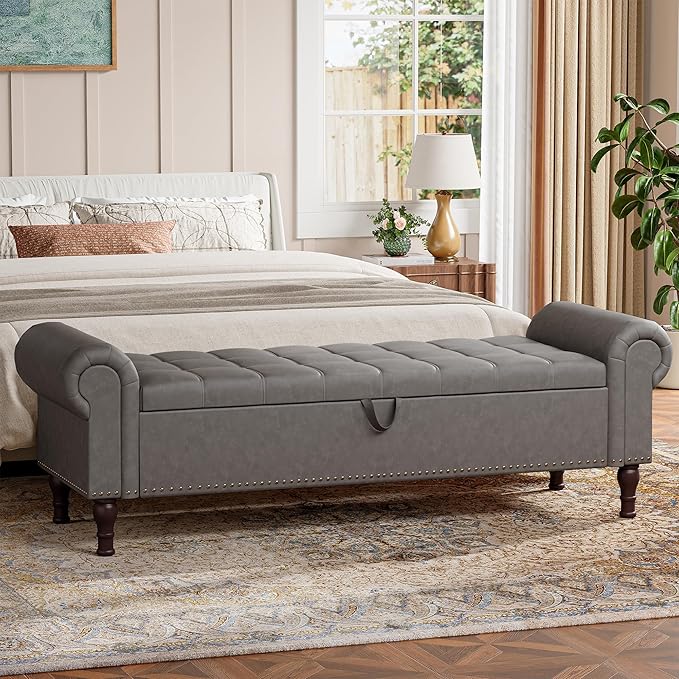 YOUDENOVAn 60”Bench with Storage, Upholstered Tufted Button Window Bench with Plenty Hidden Storage Space,Faux Leather Ottoman Bench for Bedroom, Living Room, Entryway，Grey-Ruum Studio Home