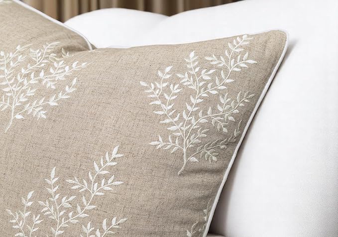VAGMINE Embroidered Leaves Throw Pillow Cover - 20x20 Inches Square - 100% Linen Natural Throw Pillowcase - Elegant Neutral Leaf Design - Minimalist Rustic Home Accent for Sofa, Bed, Couch, Lounge-Ruum Studio Home