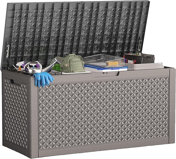 100 Gallon Deck Box Large Outdoor Storage for Patio Furniture,Outdoor Cushions,Garden Tools and Pool Supplies,Waterproof,Resin,Lockable(Grey Lozenge)-Ruum Studio Home
