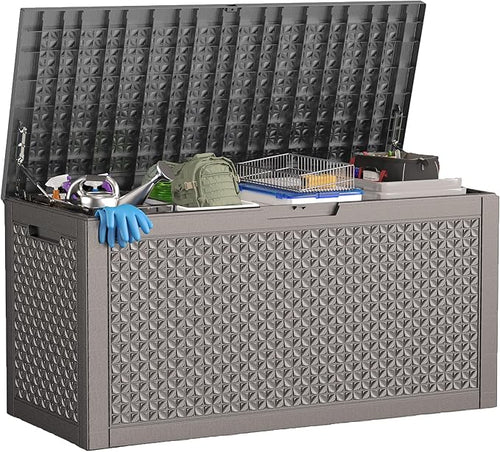 100 Gallon Deck Box Large Outdoor Storage for Patio Furniture,Outdoor Cushions,Garden Tools and Pool Supplies,Waterproof,Resin,Lockable(Grey Lozenge)-Ruum Studio Home