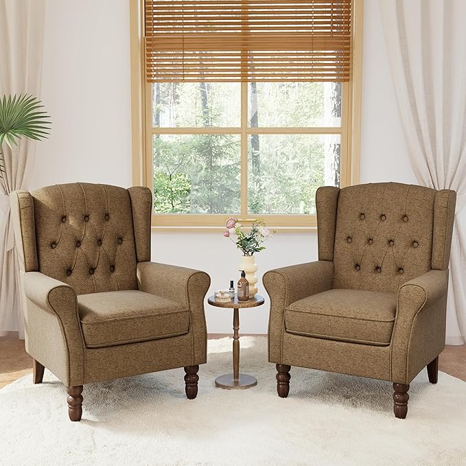 Lumibee High Back Accent Chair Set of 2,Upholstered Wingback Armchair with Solid Wood Legs for Small Spaces,Comfy Single Sofa Chair for Living Room,Bedroom,Office-Brown-Ruum Studio Home