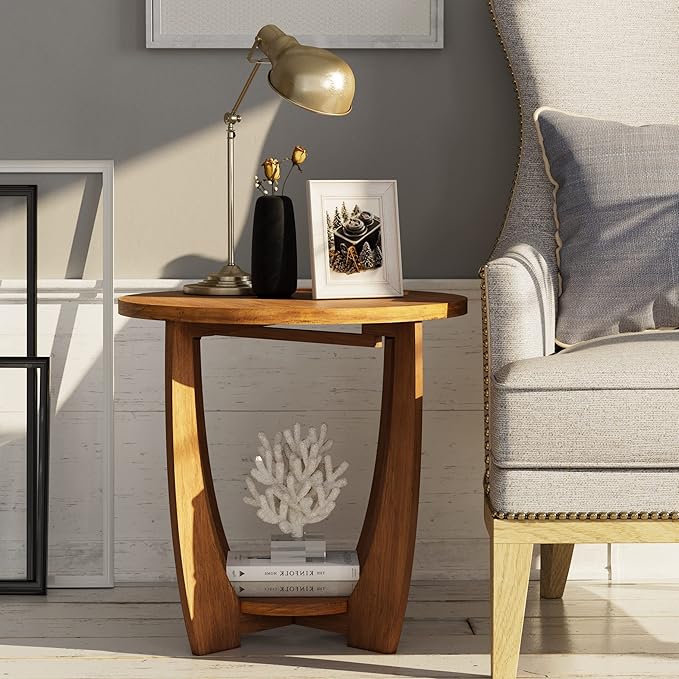 Rustic Farmhouse End Table with Storage Shelf, French Country Accent Side for Family, Dinning or Living Room, Small Spaces, Modern, Round, Vintage Caramel Brown Finish-Ruum Studio Home