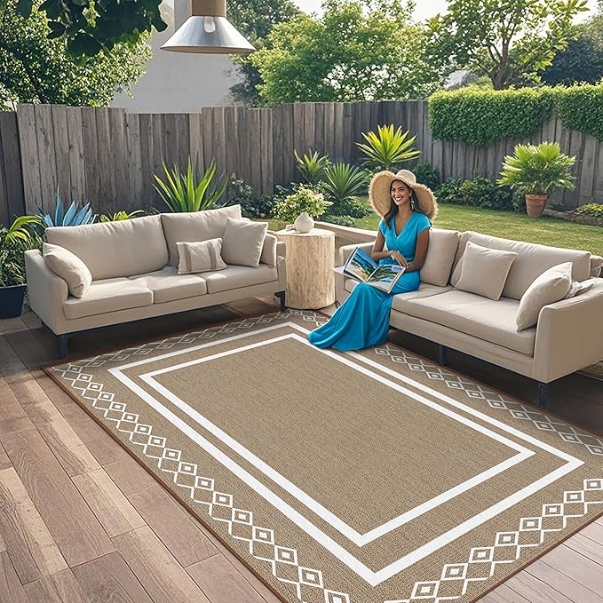 Outdoor Patio Rug, Outside Rectangular Carpet, Moroccan Geometric Rugs, Washable Large Indoor Outdoor Rug 8x10 Mats for RV, Picnic, Backyard, Deck, Balcony, Porch, Beach-Ruum Studio Home