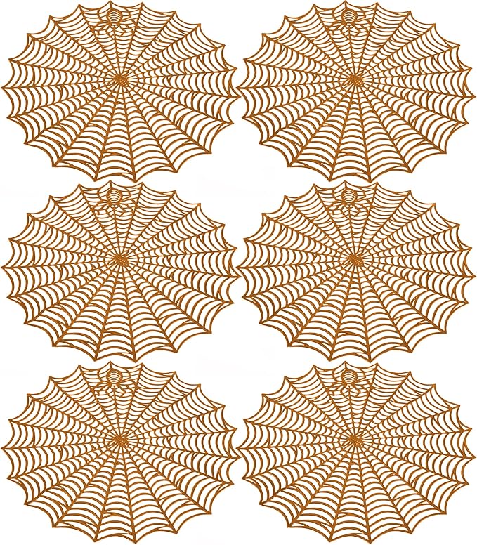 Sfcddtlg 6 Pcs Halloween Spider Web Placemats- 15"" Heat Insulation Halloween Placemats Spider Web Table Mats- Hollow Out Spiderweb Coasters Placemat for Dining Table Halloween Decoration (Brown)-Ruum Studio Home