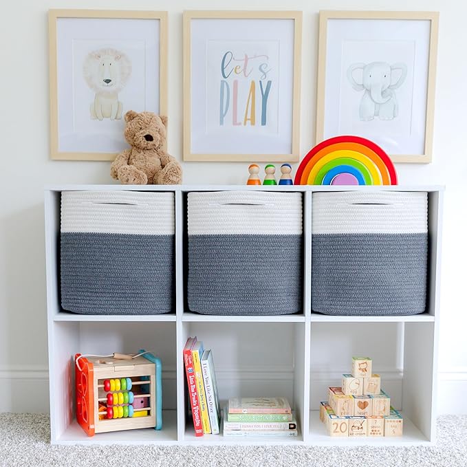 NaturalCozy Storage Cubes 11 Inch Cotton Rope Woven Baskets for Organizing, 3-Pack | Cube Storage Bin | Square Storage Baskets for Shelves Organizer, Classroom, Kids Toy Bins, Closet, Baby Nursery-Ruum Studio Home