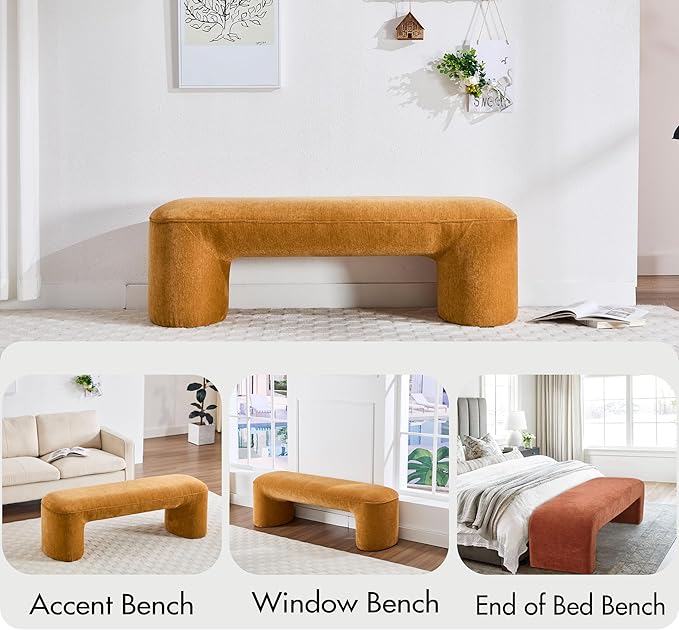 3-Piece 53" Comfy Upholstered Dining Bench with 2 Ottomans, Accent Waterfall Bench Modern End of Bed Entryway Bench Vanity Stool，Pumpkin Chenille-Ruum Studio Home