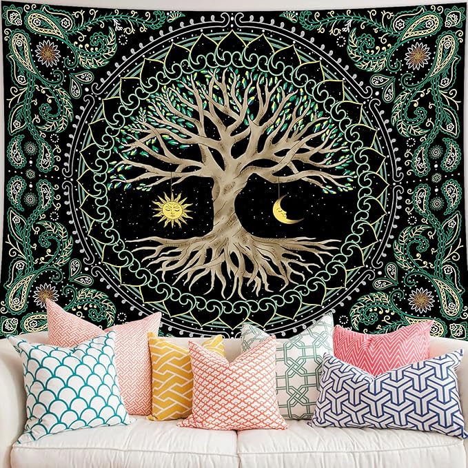 FORATER Tree of Life Wall Hanging - Aesthetic Sun and Moon Tapestry with Vintage Paisley Flowers (53 x 61 inches, Multicolor) for Bedroom, Living Room, Dorm-Ruum Studio Home