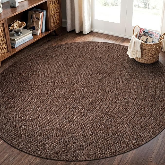 CAMILSON Easy Jute Round Rug 6ft Indoor Outdoor Brown Color Fiber Area Rugs for Living Room Patio and Kitchen Rug, Solid Boho Woven Design Easy-Cleaning, Washable Outside Carpet Alfombras (6 Round)-Ruum Studio Home