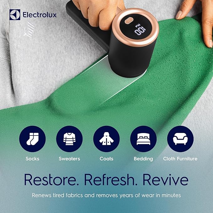 Electrolux Rechargeable Fabric Shaver | 3-Speed Lint Remover for Clothes & Furniture | Eliminates Fuzz & Pilling | Electric Lint Shaver with LED Display & Type-C Fast Charging Port - Black-Ruum Studio Home
