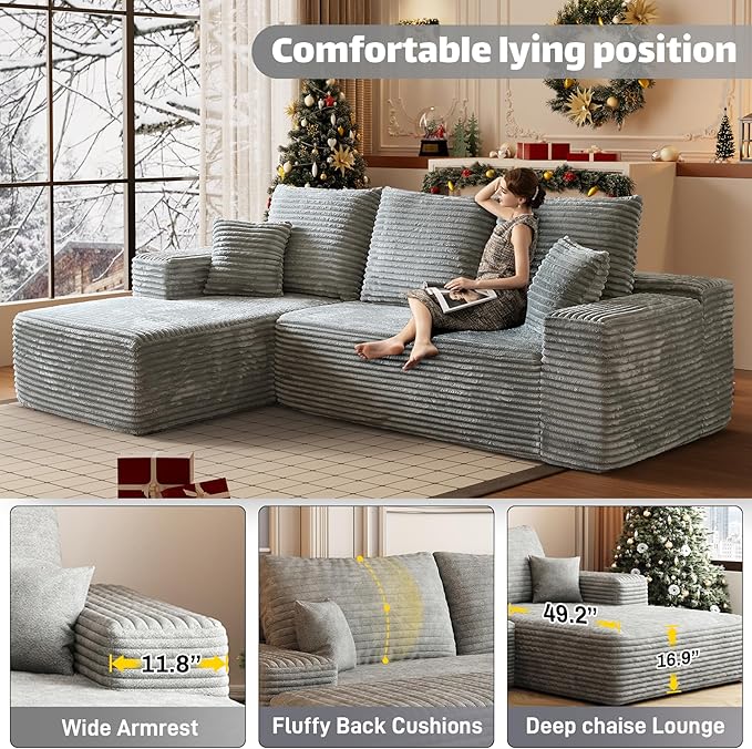 HYJT-H&K Modular Sectional Sofa Cloud Couch, 107" Comfy L Shaped Sectional Couches for Living Room, Deep Seat Memory Foam Plush Fluffy Corduroy Boneless Couch Sectionals Left Facing Sofa Chaise Grey-Ruum Studio Home