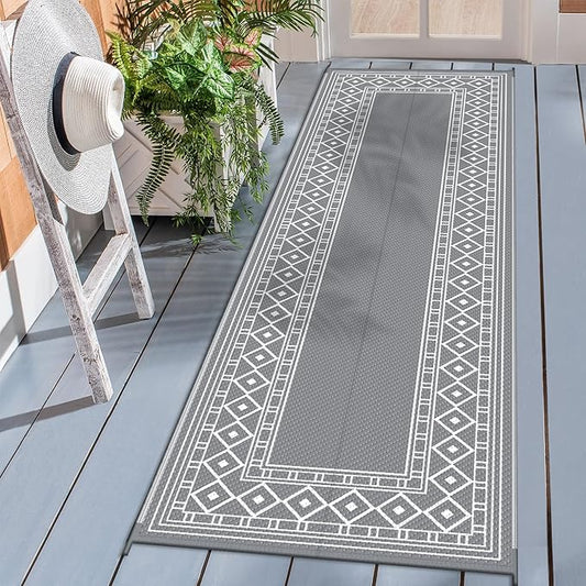 GENIMO Outdoor Rug Waterproof for Patio, 2.5'x8' Foldable Reversible Plastic Straw Runner Rugs and Carpet for Porch, Outside Area Mat for Rv, Deck, Picnic, Camper, Balcony, Beach, Grey & White-Ruum Studio Home