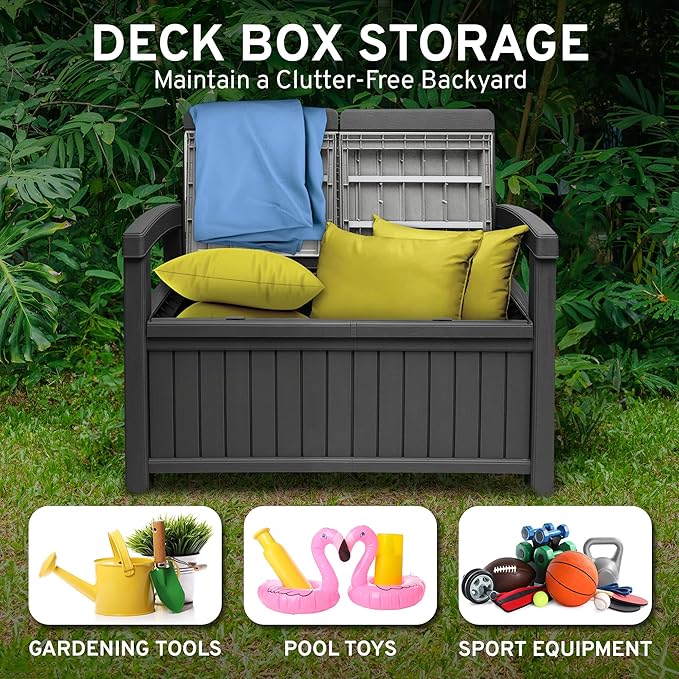 EconoHome 2 Seat Outdoor Storage Bench with Rain Cover - 60 Gallon Capacity - Weatherproof Resin Bench for Patio, Porch, Garden, Yard, Pool Area - Furniture for Pool Accessories, Gardening Tools-Ruum Studio Home
