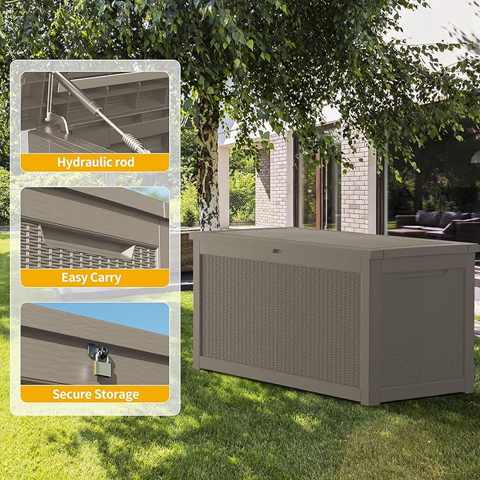 260 Gallon Double-Wall Resin Deck Box - Lockable Waterproof Outdoor Storage Box, 1000lbs Capacity & Doubles as Seating for Patio Furniture - Garden Tools, Pool Accessories (Brown)-Ruum Studio Home