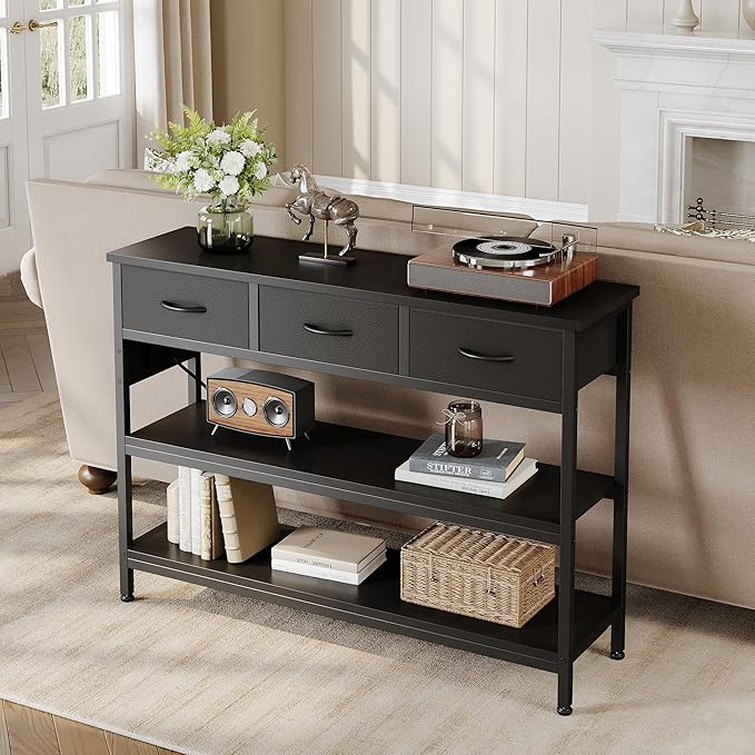 Lulive Entryway Table with Power Outlets, Console Table with 3 Fabric Drawers, Sofa Table for Living Room, Hallway, Couch, Foyer, Height Adjustable (Black, 43")-Ruum Studio Home