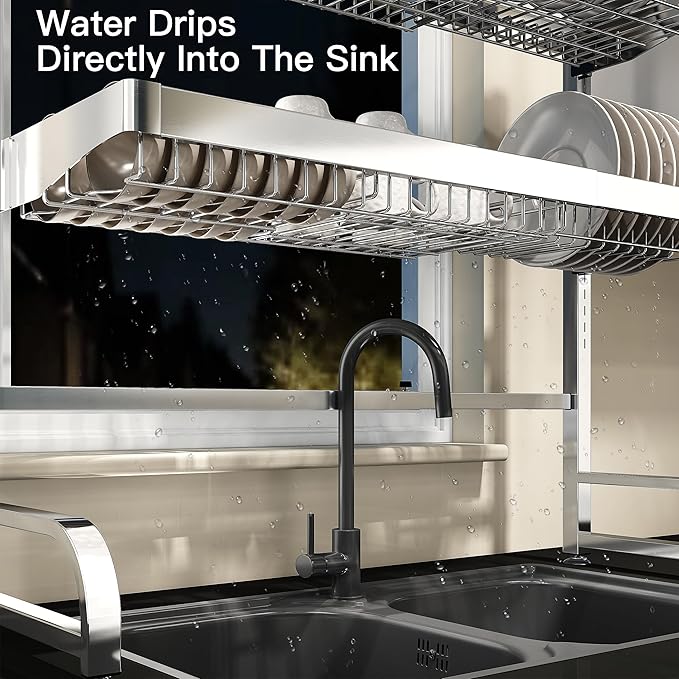 3 Tier Extra Large Stainless Steel Expandable Over The Sink Dish Drainer Drying Rack, Rust Proof Metal, Space Saving, Modern Silver Big Capacity Extendable Plate Strainers Above Kitchen Counter-Ruum Studio Home