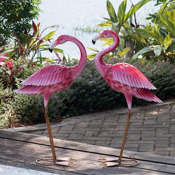 Kircust Flamingo Garden Sculpture & Statues, Metal Birds Yard Art Outdoor Statue, Large Pink Flamingo Lawn Ornaments for Home, Patio, Backyard Decor (2-Pack)-Ruum Studio Home