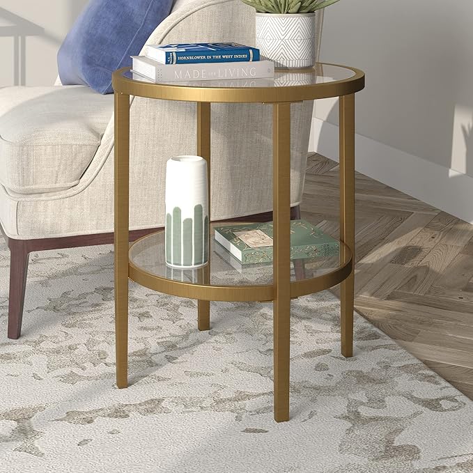 Henn&Hart 20" Wide Round Side Table with Glass Shelf in Antique Brass, Table for Living Room, Bedroom-Ruum Studio Home
