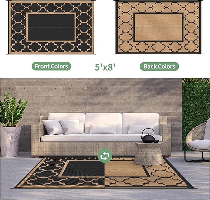GENIMO 5' x 8' Outdoor Rug Waterproof for Patio Decor, Foldable Reversible Plastic Straw Area Rugs Mat for Camper, Outside Carpet for Rv, Deck, Porch, Picnic, Beach, Balcony, Black & Brown-Ruum Studio Home