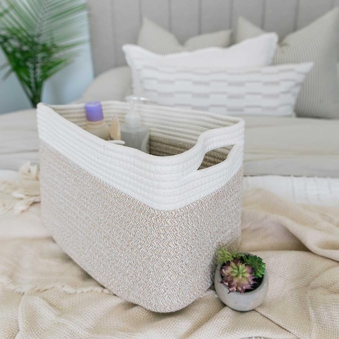 OrganiHaus Set of 3 Woven Storage Baskets for Organizing, Cotton Rope Organizer Bins for Shelves, Closet & Nursery, Dog Toy Basket, Decorative Bins for Toys, Towels & Books - 15x10x9, Light Honey-Ruum Studio Home