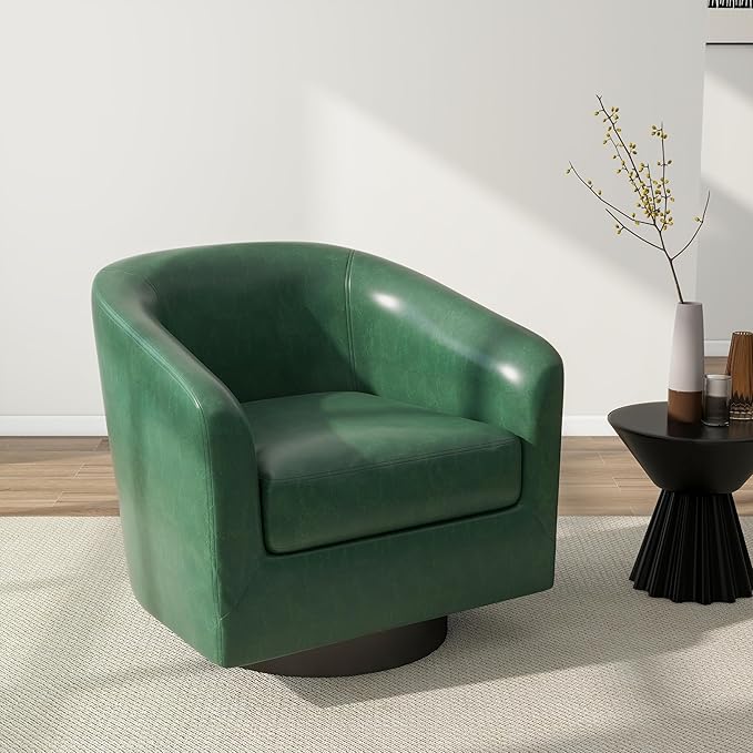 Swivel Barrel Accent Chair, Modern Round Faux Leather Arm Chair for Living Room, Bedroom, Comfy Club Reading Chairs for Adults(Faux Leather, Green, Set of 1)-Ruum Studio Home