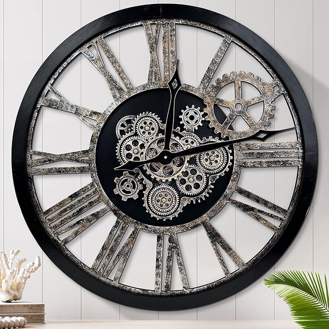 Large Wall Clock, Clocks for Living Room Decor Oversized 30 Inch Wall Decor Farmhouse Vintage Rustic Industrial Roman Big Chic Home Decor Wall Clock for House Bedroom Office, Moving Gears Clock-Ruum Studio Home