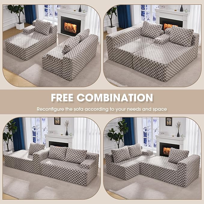 Hobestluk 96” Modular Sectional Sofa Couches L-Shape Couch 3 Seat Modular Sofa Memory Foam Sectional Couches for Living Room, Cloud Couch with Oversized Chaise (Grey, Checked (Left Facing Chaise))-Ruum Studio Home