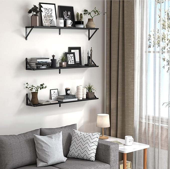 Heimlove Floating Shelves for Wall, 36 Inch Long Wood Floating Bookshelf Set of 3, Wall Mounted Hanging Shelf for Bathroom Bedroom Kitchen, Black-Ruum Studio Home