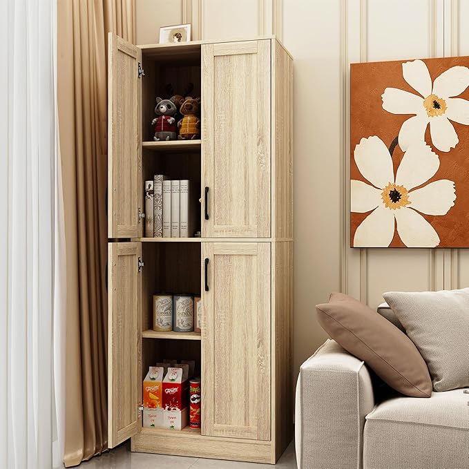 Storage Cabinet, Kitchen Cabinet with Doors & Shelf, Tall Storage Cabinet for Bathroom, Living Room, Entryway,Natural-Ruum Studio Home