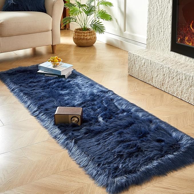 AMTOVO Faux Fur Rug, Dark Blue Ultra Soft Fluffy Shag Sheepskin Rug, 2 x 6 ft Runner Area Rugs for Bedroom Sofa Throw Cushion Room Decor, Rectangle-Ruum Studio Home