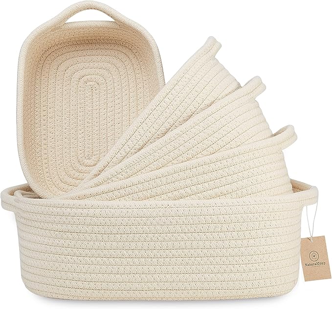 NaturalCozy 5-Piece Rectangle Storage Basket Set- Natural Cotton Rope Woven Baskets for Organizing! Small Basket for Montessori, Baby Nursery, Dog Toy Baskets, Cat Toy Box, Bathroom Organization Bin-Ruum Studio Home