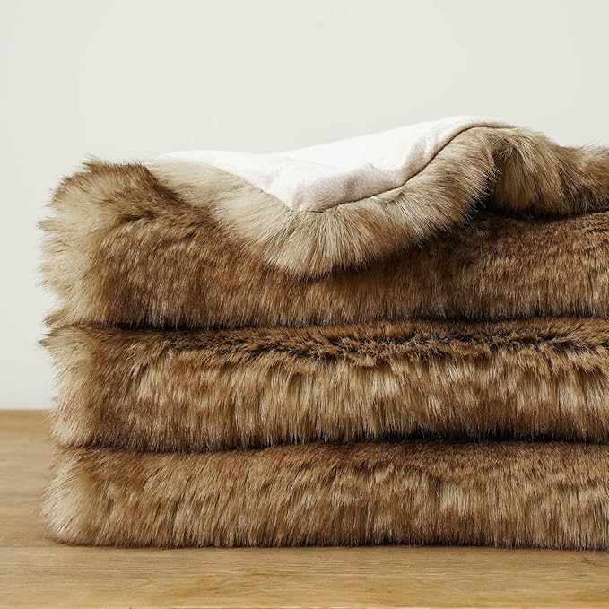 BATTILO HOME Luxury Camel Faux Fur Throw Blanket, Soft Cozy Warm Mink Fur Blanket for Bed, Home Decor, Large Striped Fur Blankets and Throws Faux, 60"x80"-Ruum Studio Home