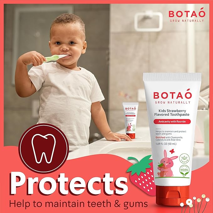 Kids Natural Strawberry Flavored Anticavity Fluoride Toothpaste Maximum Cavity Protection Cleans Children’s Teeth Protects Gums Chamomile Aloe Vera Calendula Xylitol for Ages 2 and Up-Ruum Studio Home
