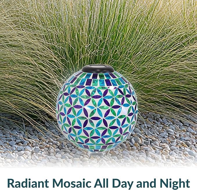 Sunnydaze Cool Blooms 10" Mosaic Glass Garden Gazing Globe with LED Solar Light - Set of 2-Ruum Studio Home