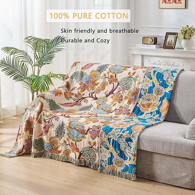 Boho Throw Blanket for Bed, Lightweight Reversible Summer Quilt, Cotton Blanket, Queen Size Boho Floral Bird Colorful Retro Quilt Ultra Soft Reversible Gauze Blanket for All Season, 80"x90"-Ruum Studio Home