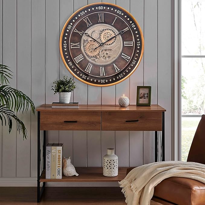 CLXEAST 24 Inch Wall Clock with Moving Gears,Oversized Large Industrial Steampunk Clock, Antique Gold Metal Roman Numeral Wall Clocks for Farmhouse Living Room Decor-Ruum Studio Home