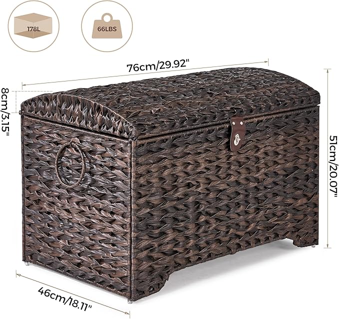 Handwoven Storage Basket with Lid, 178L Plastic Rattan Storage Bin, Leather Buckle & Metal Frame, Large Metal Ring Handles, Storage Trunk for Bedroom, Laundry Room-Ruum Studio Home