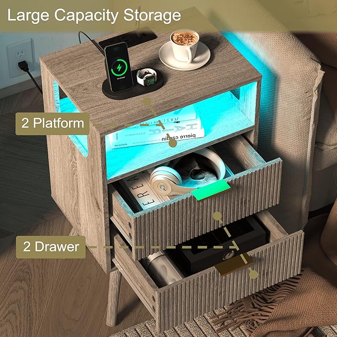 Nightstand with Charging Station and LED Lights,Modern Bedside Table with 2 Storage Drawer and Open Wood Shelf, for Bedroom and Small Spaces,Night Stand with Solid Wood Legs,GreyOak-Ruum Studio Home