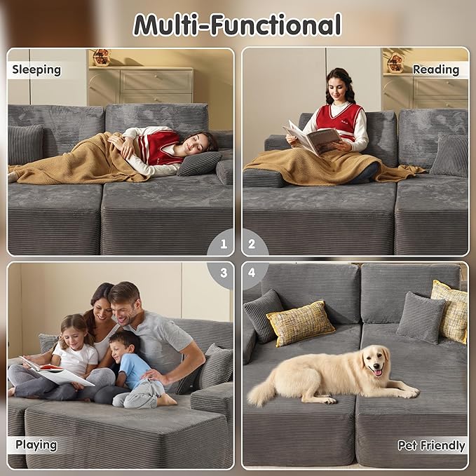ovios 81" Oversized Sectional Double Lounge Chaise with Cloud Plush Sofa Bed, No Assembly Required, Fluffy Modern Sleeper Loveseat Chair for Indoor Living Room Bedroom Reading, Grey (Corduroy Fabric)-Ruum Studio Home