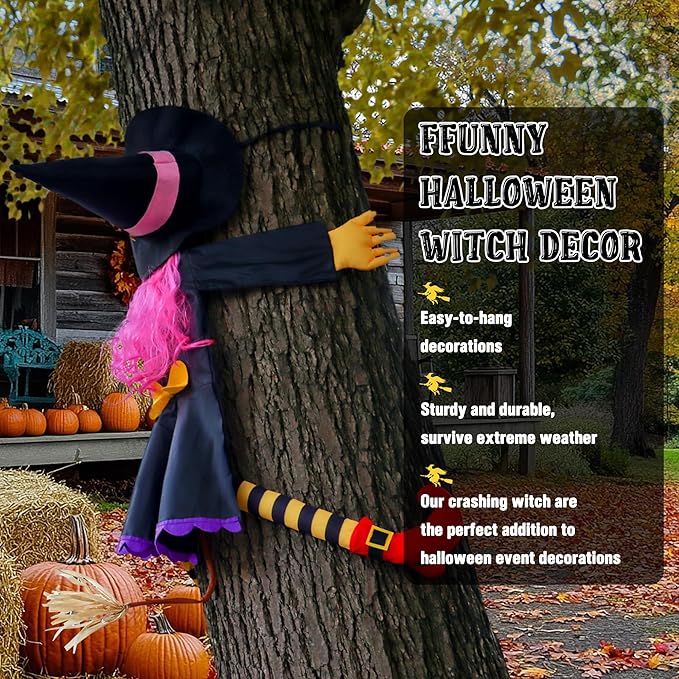 POPGIFTU 51" Halloween Crashing Witch Decoration – Pink Flying Witch for Tree, Yard, Porch, and Indoor Outdoor Halloween Décor-Ruum Studio Home