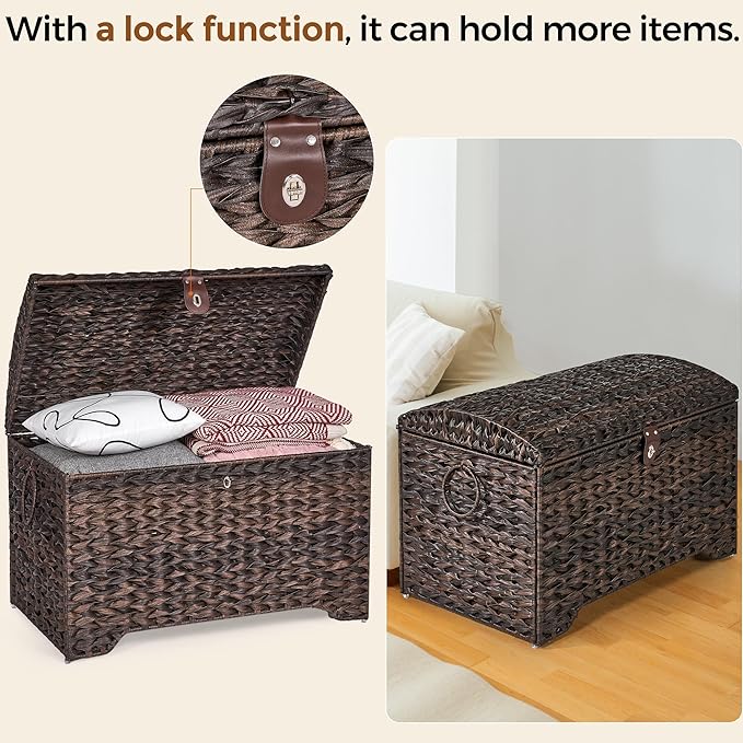 Handwoven Storage Basket with Lid, 178L Plastic Rattan Storage Bin, Leather Buckle & Metal Frame, Large Metal Ring Handles, Storage Trunk for Bedroom, Laundry Room-Ruum Studio Home