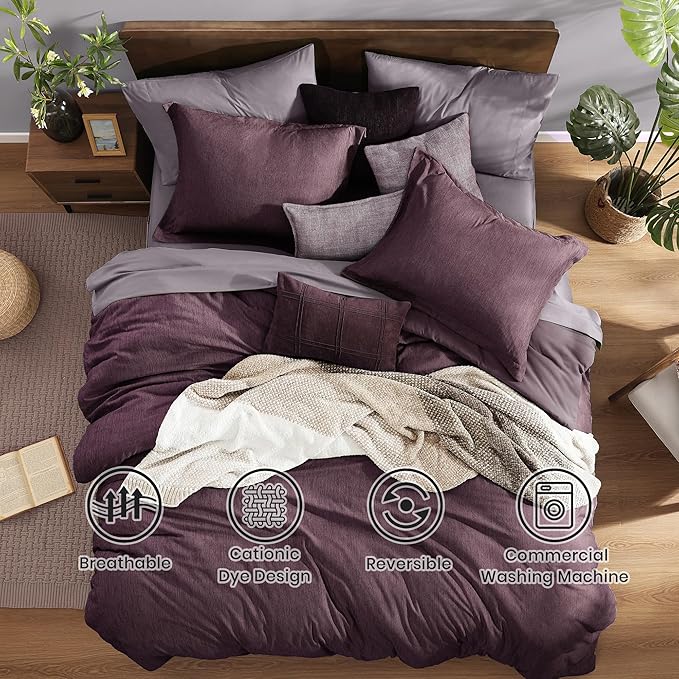Monbix California King Comforter Set - 7 Pieces Cationic Dyeing Italian Plum Bed in a Bag Cal King Bed Sets with Comforter, Sheets, Pillowcases & Shams, Reversible Bedding Comforters Sets (108 * 92)-Ruum Studio Home