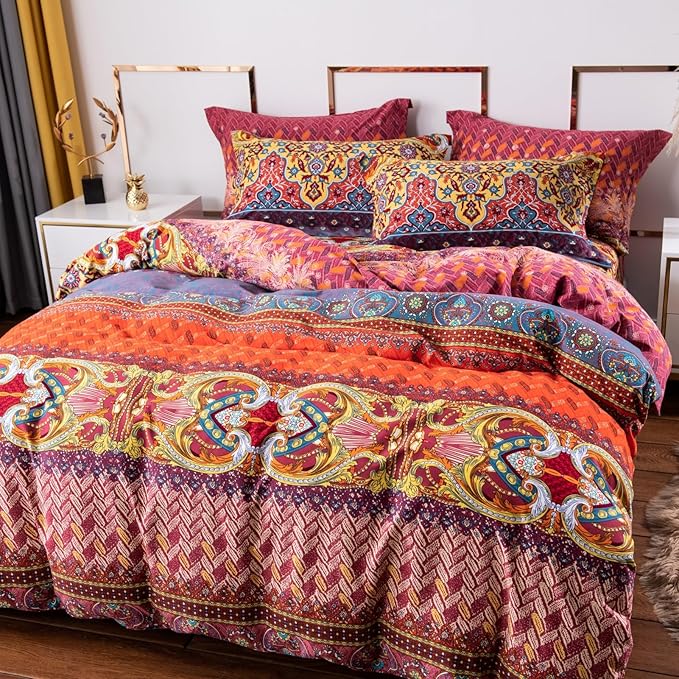 ABREEZE Bohemian Duvet Cover Set Colorful Orange Boho Retro Bedding Set Damask Paisley Cotton Duvet Cover Tribal Reversible Bedding Exotic Style Comforter Cover 3-Piece Full-Ruum Studio Home